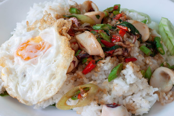Fried basil leave with squid and fried egg on rice in white plate.