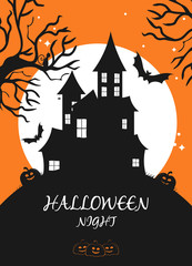 Halloween banner with pumpkin, full moon, bat spider. Design for holiday poster