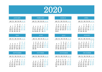 Simple calendar layout for 2020. The week starts on Monday. Vector