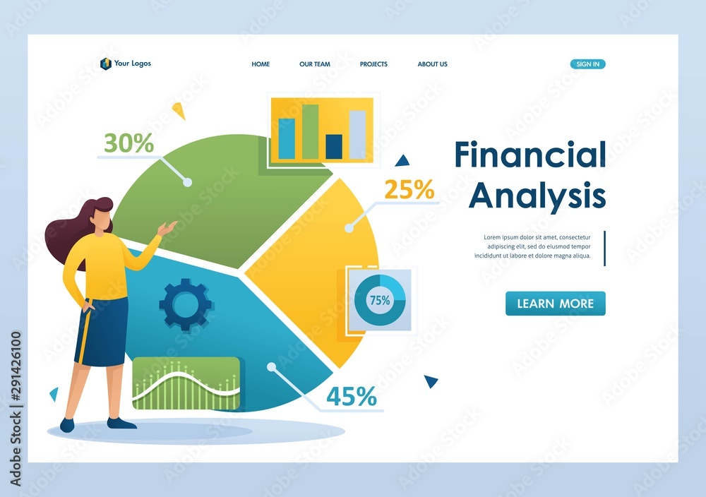 Poster young girl next to a large chart and a set of analytical data to analyze the information. flat 2d ch
