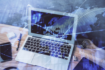 Multi exposure of chart and financial info and work space with computer background. Concept of international online trading.