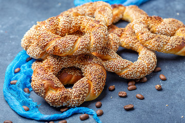Traditional Turkish bagels close up.