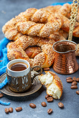 Fresh Turkish bagels with black coffee.