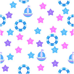 marine pattern with a boat. For fabric, baby clothes, background, textile, wrapping paper and other decoration. Vector seamless pattern EPS 10