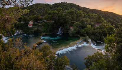 Fototapeta na wymiar Krka National Park-panorama of the waterfall against the beautiful evening sky