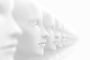 Abstract background with many identical out-of-focus female doll faces, one of which is in focus 3D illustration