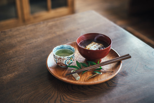"shiruko" sweet red-bean soup with mochi