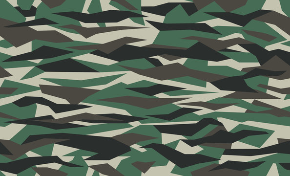 Geometric camo, seamless pattern. Abstract military or hunting camouflage background. Brown, green, black color. Vector illustration.
