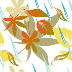 Autumn seamless vector background with yellow-orange leaves and raindrops