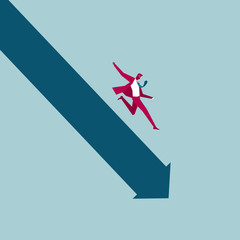 The businessman run in mid-air. Isolated on blue background.