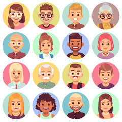 Flat avatars. Different portraits of men and women diverse ages. Professional team faces. Office workers cartoon vector characters