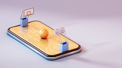 Basketball court on smartphone screen. 3D rendering