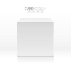 Cube podium. Realistic empty block, white box in front view. Advertising stand for product promo, exhibition pedestal 3d vector mockup