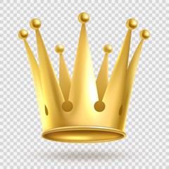 Golden crown. Elegant gold metal royal crowning on transparent background vector realistic illustration