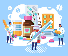 Pharmacological concept. Pills with tiny doctors and pharmacists. Medication, treatment with tablets and healthcare vector background