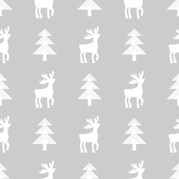 Seamless christmas Pattern of deers and fir trees. Vector Background. Deer and firtee Silhouettes. © Yulia