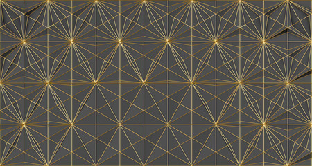 Abstract dark geometric background from many triangles of different shapes and of different sizes with a gold plesetsky faces 3D illustration