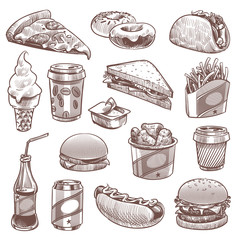 Fast food sketch. Pizza, donuts and ice cream, french fries and hamburger, cola and hot dog, coffee and cheeseburger vector doodle set
