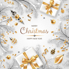 Fototapeta na wymiar Square banner with gold and silver Christmas symbols and text. Christmas tree, gifts, decoration and other festive elements on white background.
