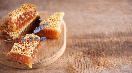 Fresh honeycombs pieces, dry lavender flowers on wooden background. Autumn harvest concept