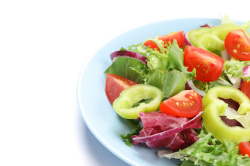 Salad of fresh vegetables isolated on white background, close up