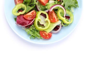 Salad of fresh vegetables isolated on white background, top view