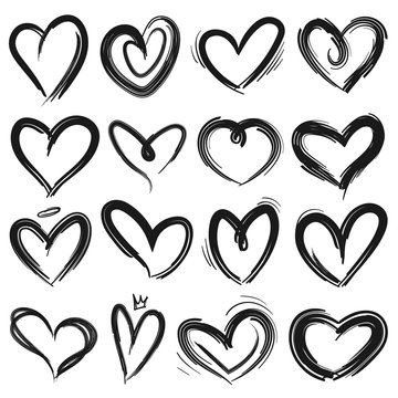 Sketch heart. Decorative grunge doodle drawn hearts sketching by pen. Valentines day symbols vector set