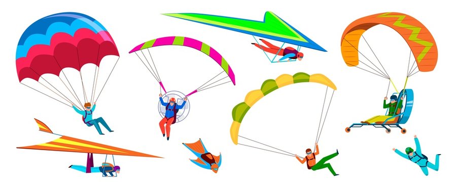 Skydivers. Skydiving adventure, people jump with parachute in sky, fly with paraglider and free flight. Cartoon vector characters