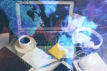 Multi exposure of forex chart and work space with computer. Concept of international online trading.