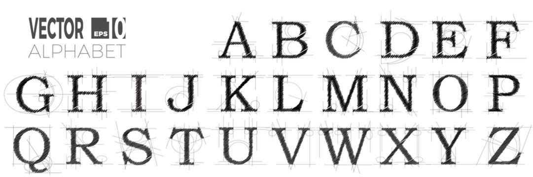 Set Of Font And Alphabet, Vector Of Modern Abstract Letters Made With Pen.