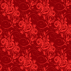 Seamless floral pattern with flowers - red Roses on dark red background