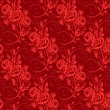 Seamless floral pattern with flowers - red Roses on dark red background