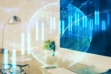 Stock market graph and table with computer background. Double exposure. Concept of financial analysis.