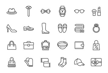 Accessory, Fashion Line Icons. Vector Illustration Included Icon as Footwear, High Heels Shoes, Bow Tie, Backpack, Knitted Clothes and other Apparel Flat Pictogram for Cloth Store. Editable Stroke
