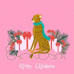 Merry Christmas card with leopard, gift boxes and christmas floral. Tropical Christmas greeting card. Editable vector illustration