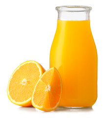 Bottle of fresh orange juice on white background