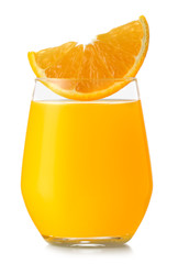 Glass of fresh orange juice on white background