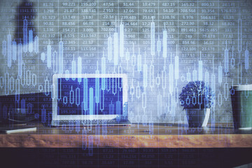 Multi exposure of chart and financial info and work space with computer background. Concept of...