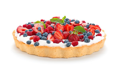 Tasty berry pie on white background