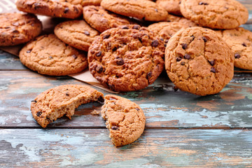 Chocolate Chip Cookies on a wooden table.