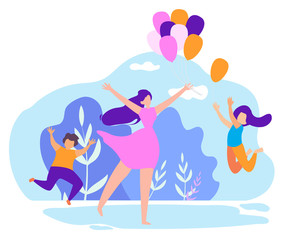 Mother Giving Children Inflatable Balloons Flat.