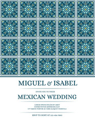 Traditional mexican wedding invite card template vector. Vintage mosaic tile pattern with green, blue and turquoise texture. Italian background for save the date design or invitation party.