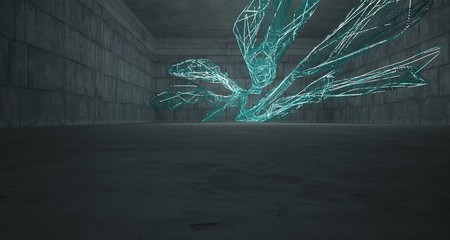 Abstract  concrete and glass lines interior  with neon lighting. 3D illustration and rendering.