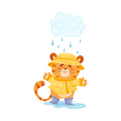 Cartoon tiger cub walks in the rain. Vector illustration.