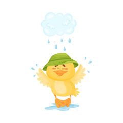 Cartoon duckling walks in the rain. Vector illustration.