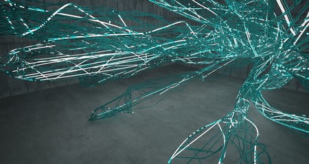 Abstract  concrete and glass lines interior  with neon lighting. 3D illustration and rendering.