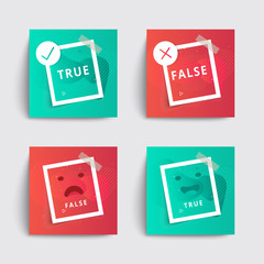 Set of liquid social media box templates. Check mark and cross icons set. True or false? Red and green colors. Applicable for gift card, banners, social media. Applicable for gift card, banners, socia