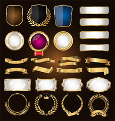 A golden collection of various ribbons tags laurels and shields 
