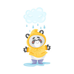 Cute panda is standing in the rain. Vector illustration.