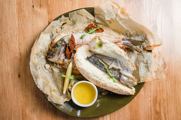 Grilled fish with various vegetables